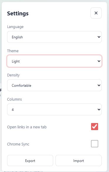 Friendly Tab Pro settings panel with language, theme, density and sync controls
