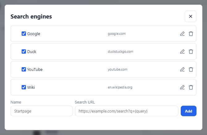 Friendly Tab Pro search engines settings modal